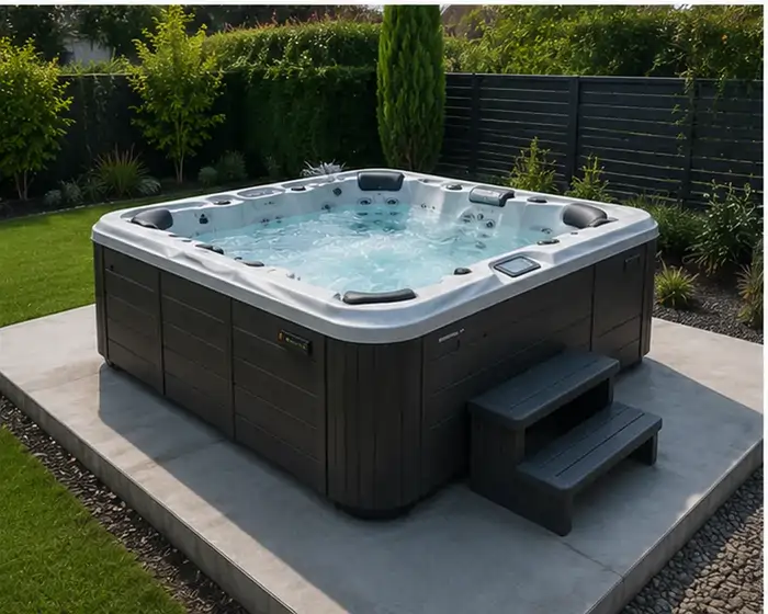 Spa de la gamme Utopia de Caldera dans un jardin verdoyant et propre