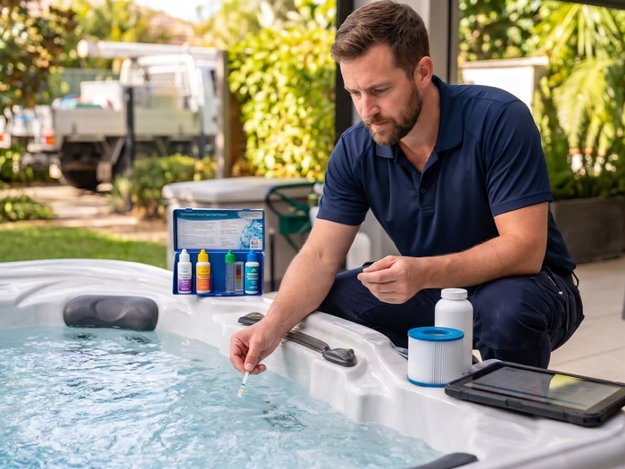 Un technicien vérifie le Ph de l'eau avec son matériel