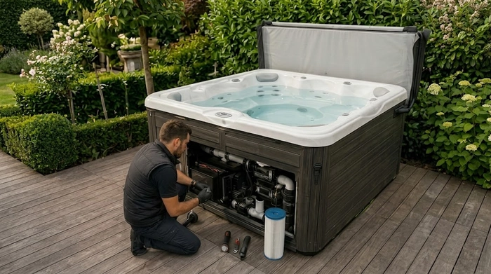 Technicien inspectant les différentes pièces du spa