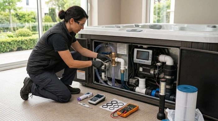 Un technicien réparant un spa en intérieur