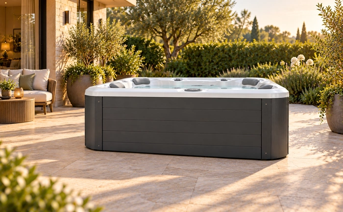 Un spa pour 4 personnes sur une terrasse bien décoré