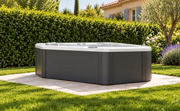 Le Spas compact de la gamme Aventine dans un jardin verdoyant