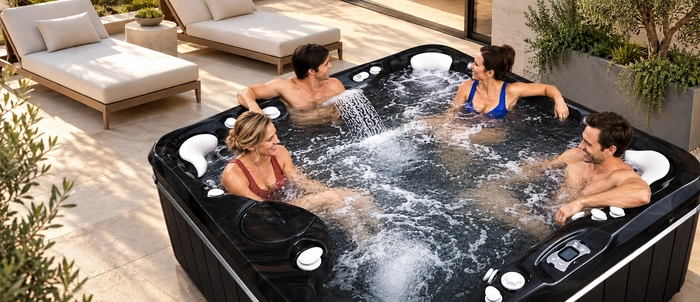 Un groupe de 4 personnes profitant d'un spa haut de gamme