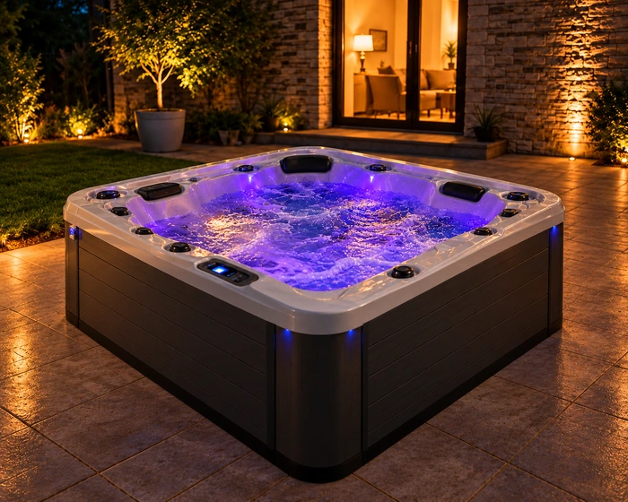 Un spa illuminé sur la terrasse dans la nuit